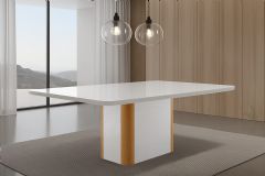 Mesa Jantar Pietá c/Tampo MDF/Vidro Curvo 120cm Rufato - Off White/Naturale/Off White