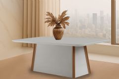 Mesa Jantar Tília c/Tampo MDF/Vidro Curvo 120cm Rufato - Off White/Naturale/Off White