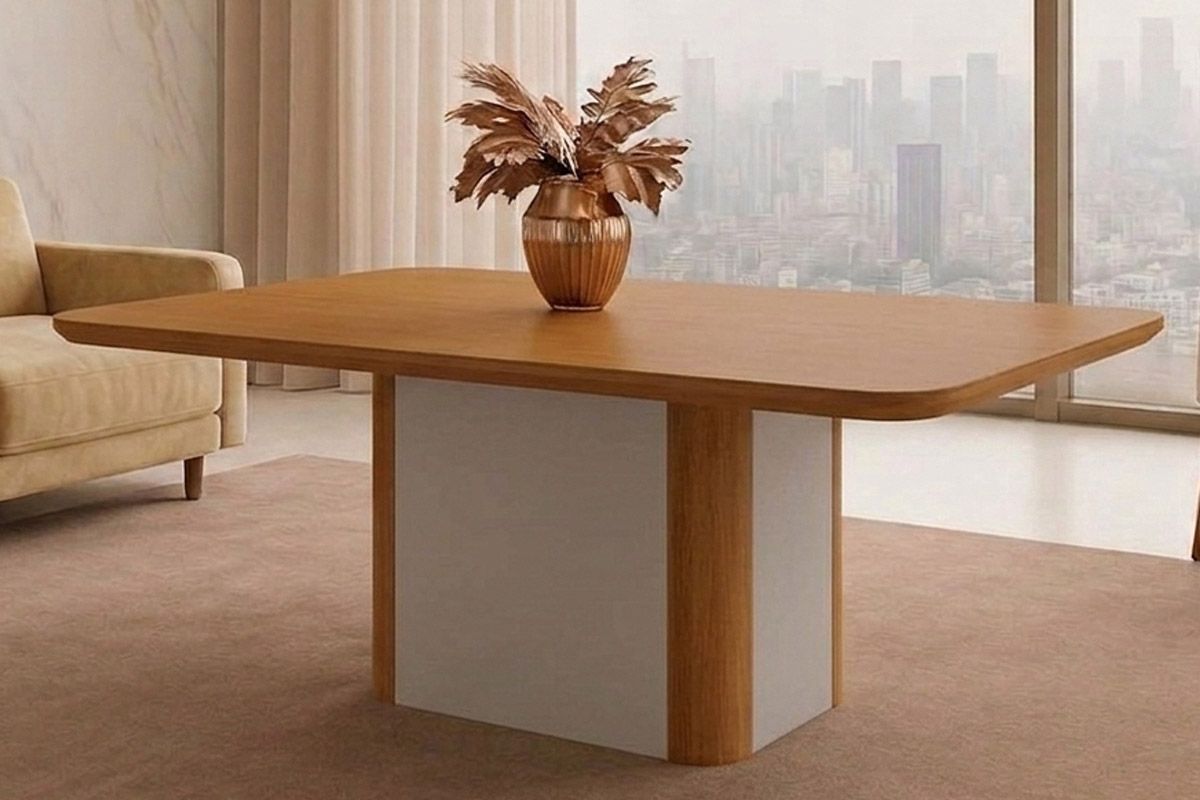 Mesa Jantar Pietá c/Tampo MDF Curvo 180cm RufatoOff White/Naturale/Naturale