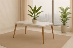 Mesa Jantar Havana c/Tampo MDF/Vidro Curvo 180cm Rufato - Madeira Capuccino/Off White
