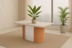 Mesa Jantar Pilar c/Tampo MDF/Vidro Curvo 180cm Rufato - Flex Naturale/Naturale ou Off White