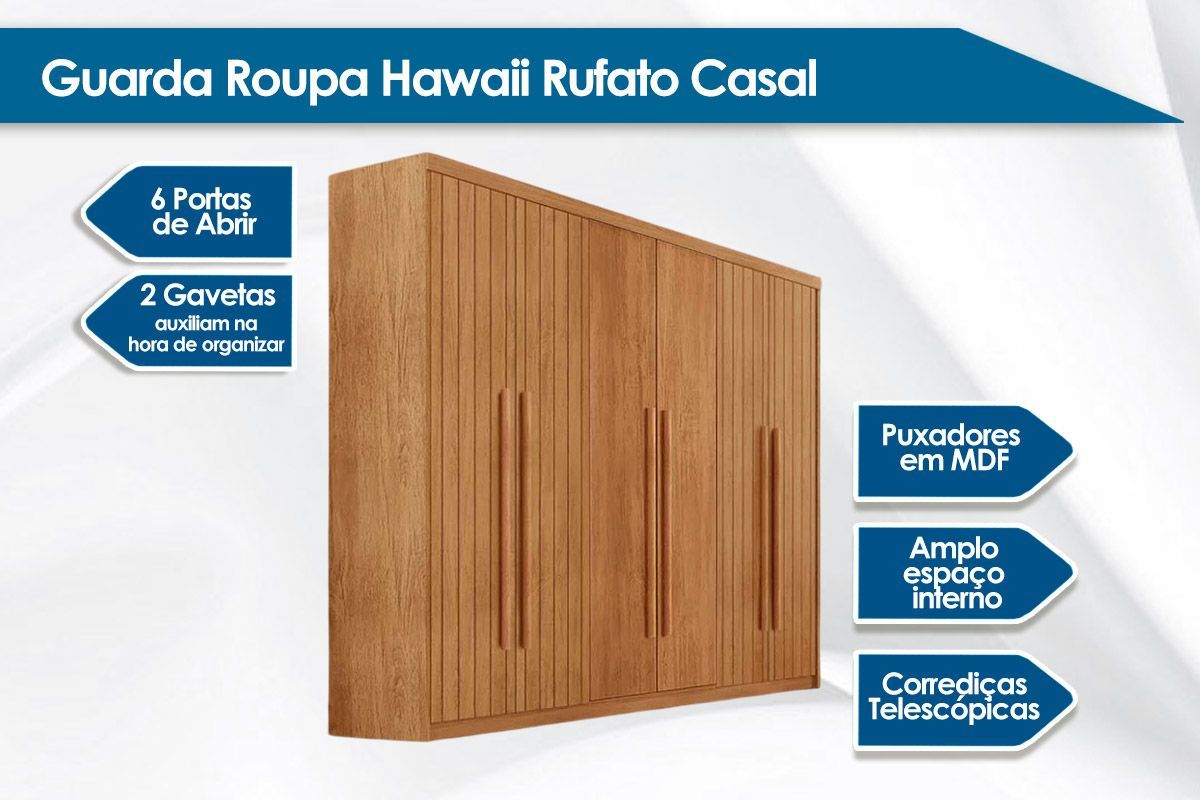 Guarda Roupa Casal 6 Portas (4 Frisadas) e 2 Gavetas c/Pés Hawaii Rufato Guarda Roupa Casal 6 Portas (4 Frisadas) e 2 Gavetas c/Pés Hawaii Rufato