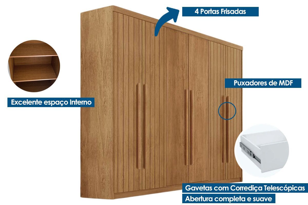 Guarda Roupa Casal 6 Portas (4 Frisadas) e 2 Gavetas c/Pés Hawaii Rufato Guarda Roupa Casal 6 Portas (4 Frisadas) e 2 Gavetas c/Pés Hawaii Rufato
