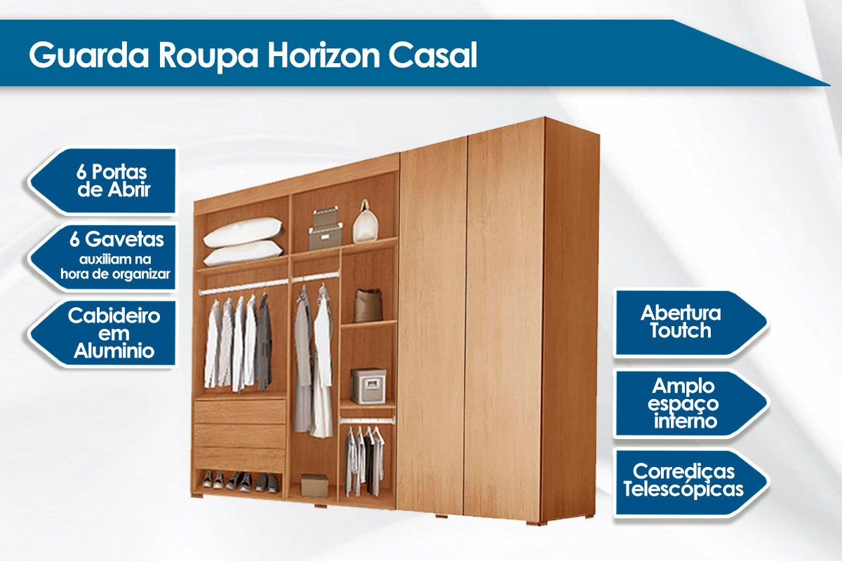 Guarda Roupa Casal 6 Portas e 6 Gavetas c/Pés Horizon Rufato Guarda Roupa Casal 6 Portas e 6 Gavetas c/Pés Horizon Rufato