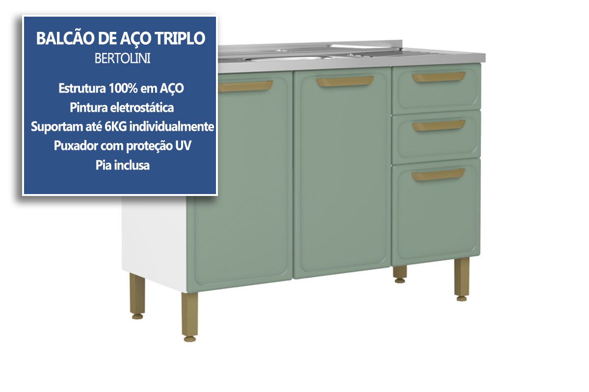 Balcão Cozinha Bertolini c/Pia Bella c/3 Portas e 2 Gavetas 120cm