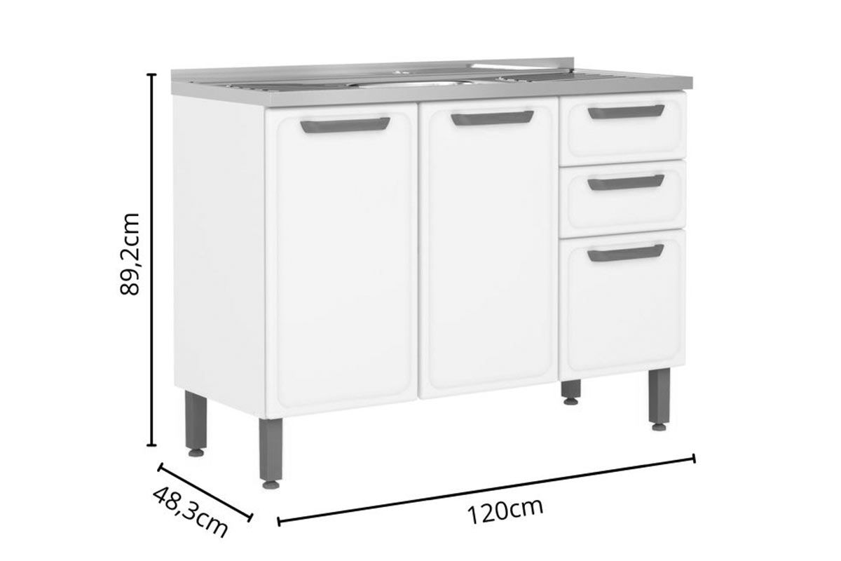 Balcão Cozinha Bertolini c/Pia Bella c/3 Portas e 2 Gavetas 120cm