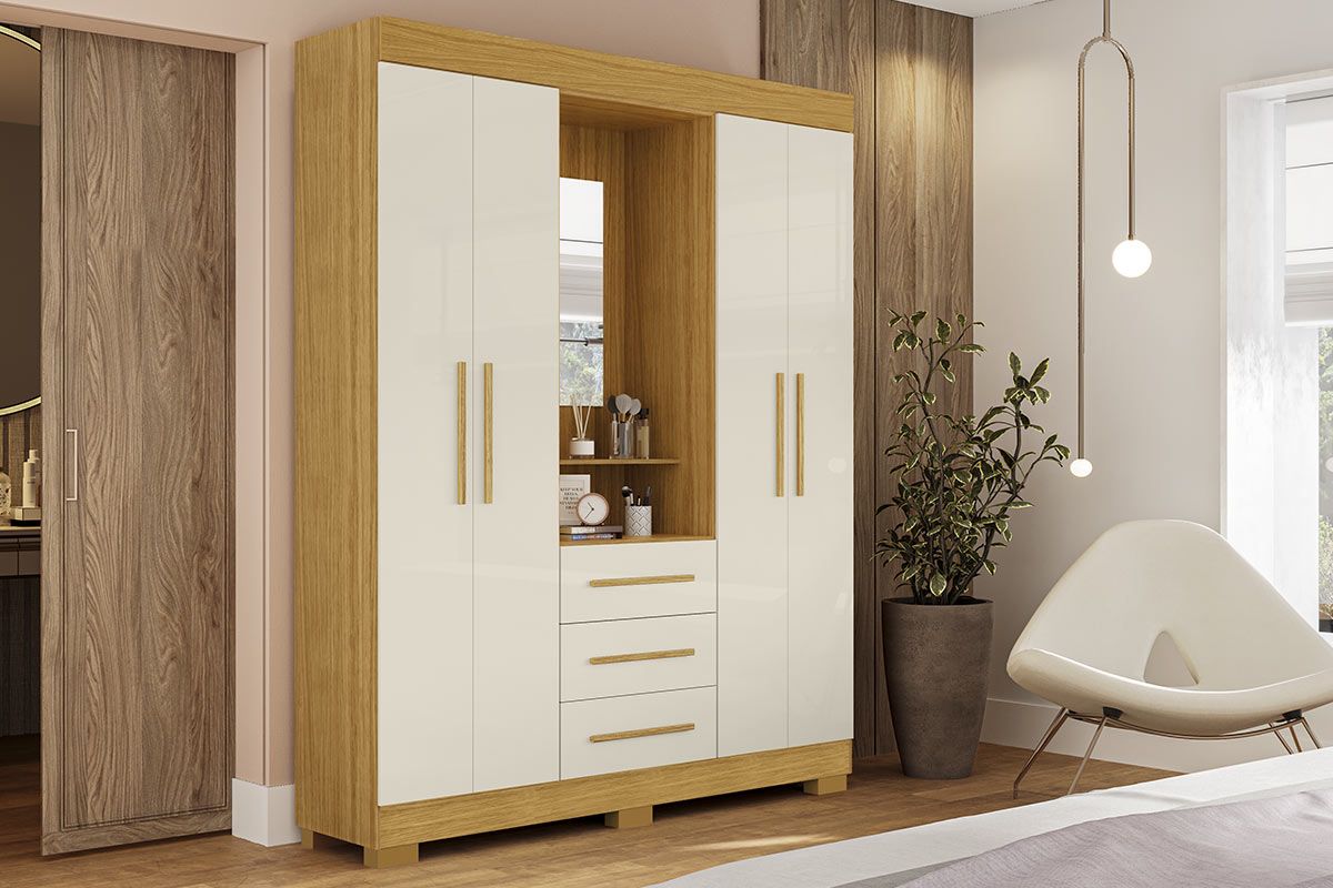 Guarda Roupa Solteiro 4 Portas e 3 Gavetas c/1 Espelho Emily Gold ACPCinamomo/Off White
