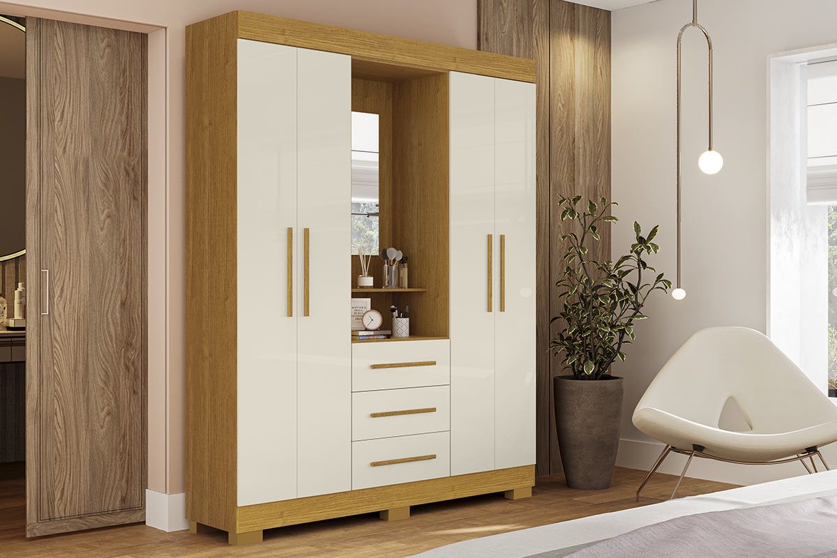Guarda Roupa Solteiro 4 Portas e 3 Gavetas c/1 Espelho Emily Gold ACPCinamomo/Off White