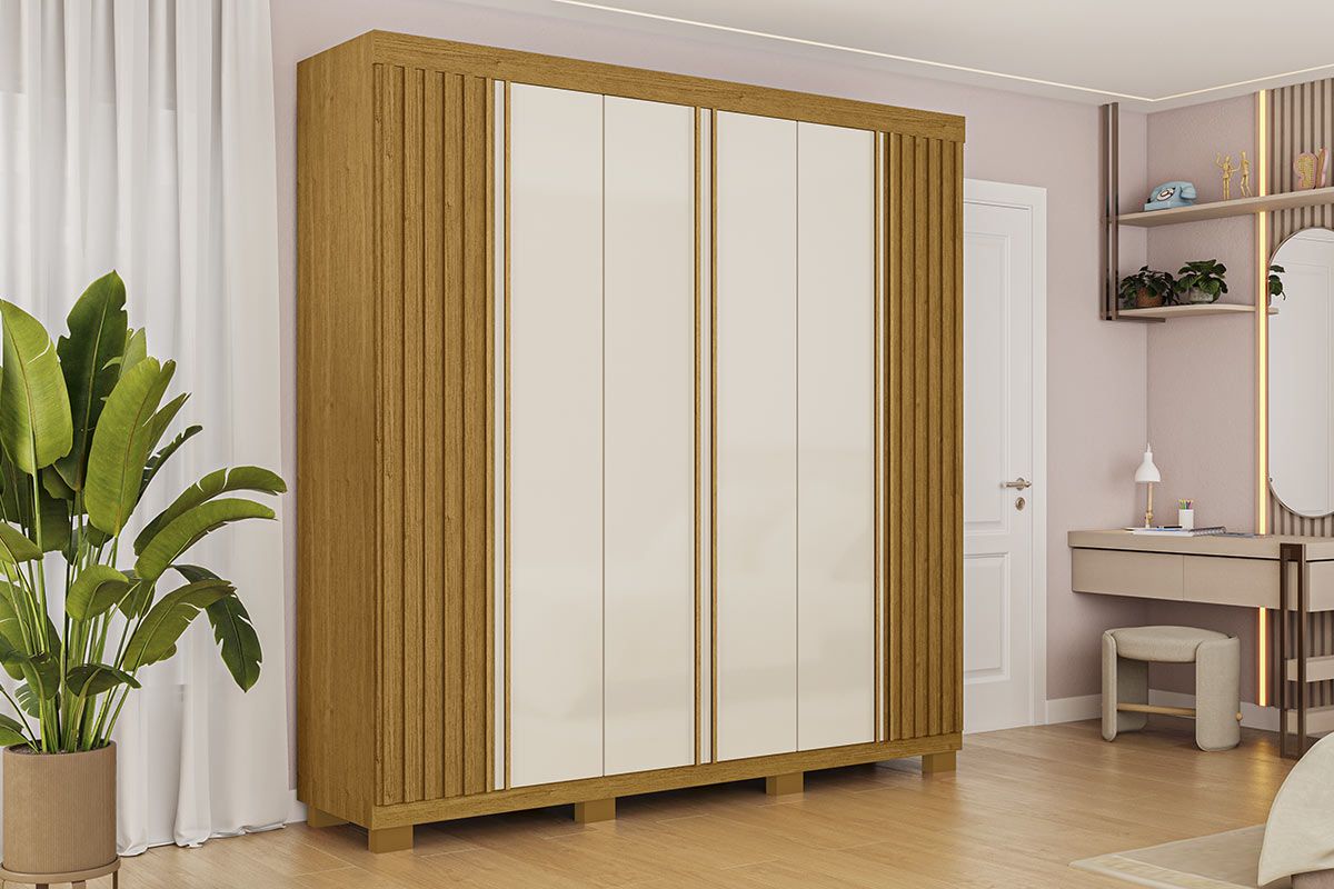 Guarda Roupa Casal 6 Portas (2 Ripadas) e 6 Gavetas Eliza ACPCinamomo/Off White