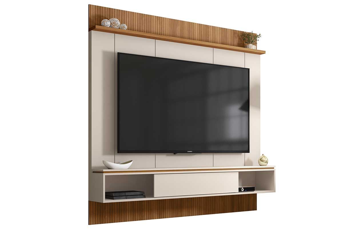 Painel Home p/ TV até 65 Pol Vênus Ripado c/1 Porta e 2 Nichos 180x171cm CaemmunOff White/Freijo Painel Home p/ TV até 65 Pol Vênus Ripado c/1 Porta e 2 Nichos 180x171cm CaemmunOff White/Freijo