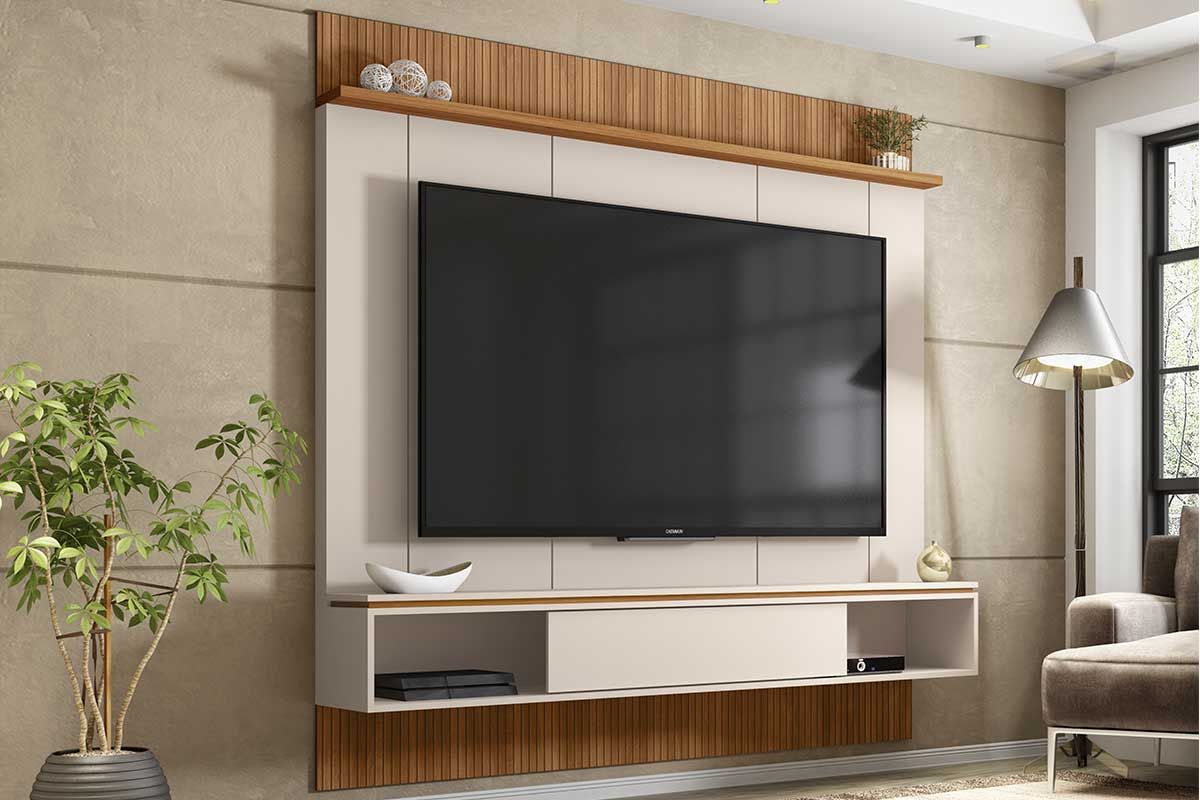 Painel Home p/ TV até 65 Pol Vênus Ripado c/1 Porta e 2 Nichos 180x171cm Caemmun Painel Home p/ TV até 65 Pol Vênus Ripado c/1 Porta e 2 Nichos 180x171cm Caemmun
