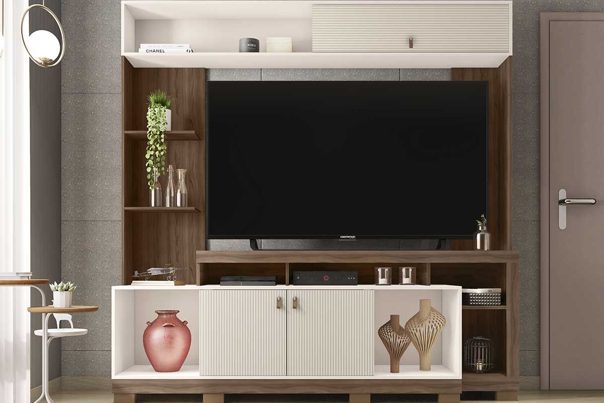 Home p/ TV até 65 Pol Sinfonia c/3 Portas e 7 Nichos 200x203cm CaemmunNogueira/Off White Mr