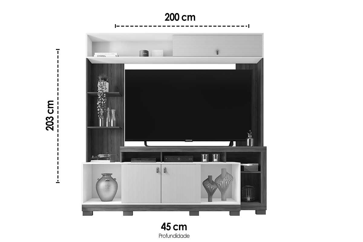 Home p/ TV até 65 Pol Sinfonia c/3 Portas e 7 Nichos 200x203cm Caemmun