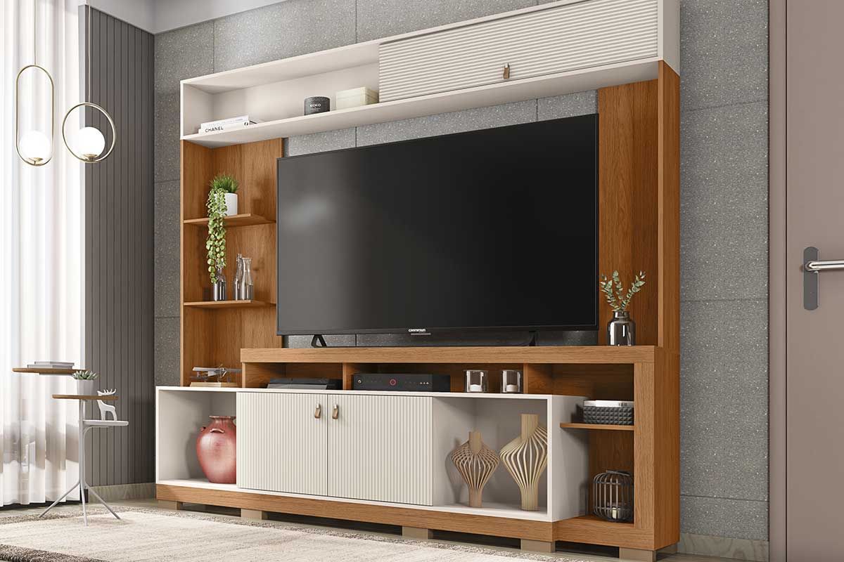 Home p/ TV até 65 Pol Sinfonia c/3 Portas e 7 Nichos 200x203cm CaemmunFreijo/Off White Mr