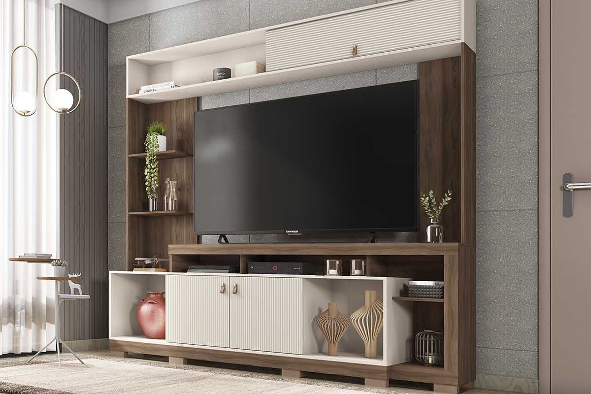 Home p/ TV até 65 Pol Sinfonia c/3 Portas e 7 Nichos 200x203cm CaemmunNogueira/Off White Mr