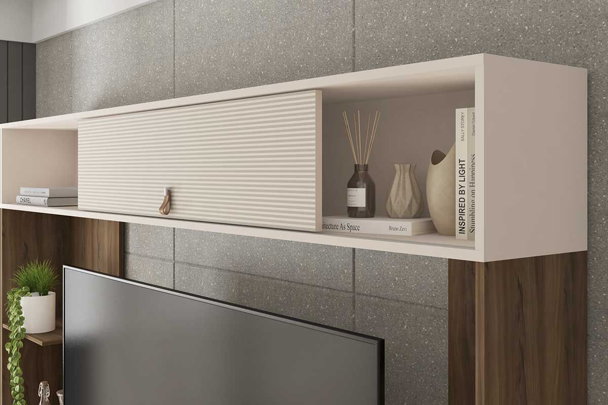 Home p/ TV até 65 Pol Sinfonia c/3 Portas e 7 Nichos 200x203cm CaemmunNogueira/Off White Mr