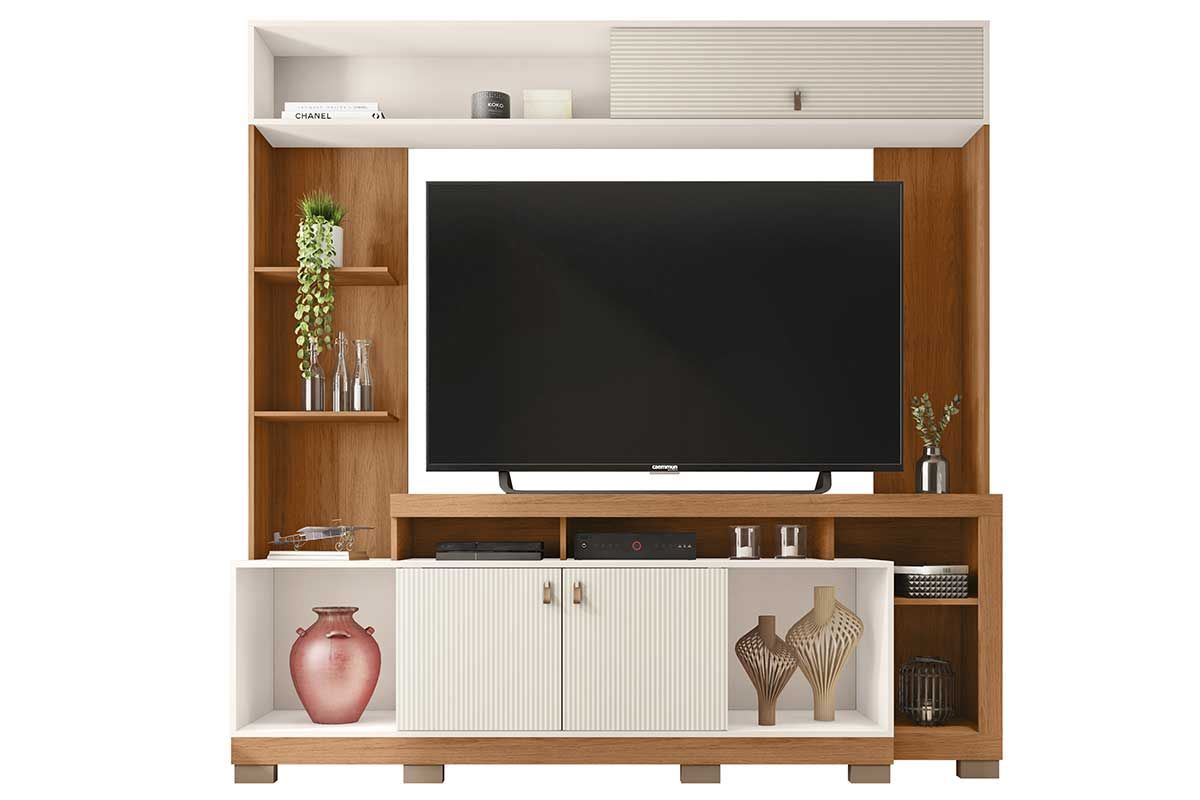 Home p/ TV até 65 Pol Sinfonia c/3 Portas e 7 Nichos 200x203cm CaemmunFreijo/Off White Mr