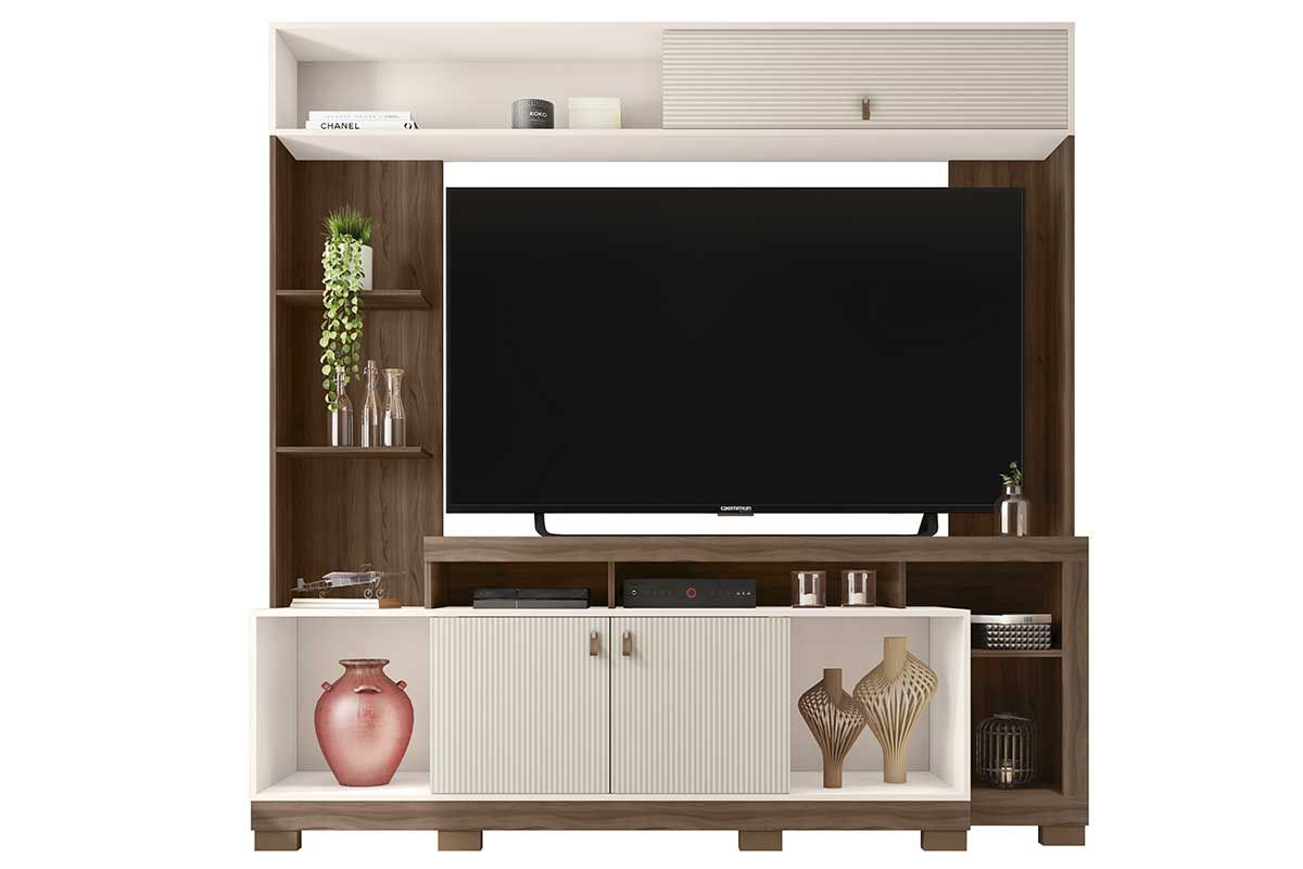 Home p/ TV até 65 Pol Sinfonia c/3 Portas e 7 Nichos 200x203cm CaemmunNogueira/Off White Mr