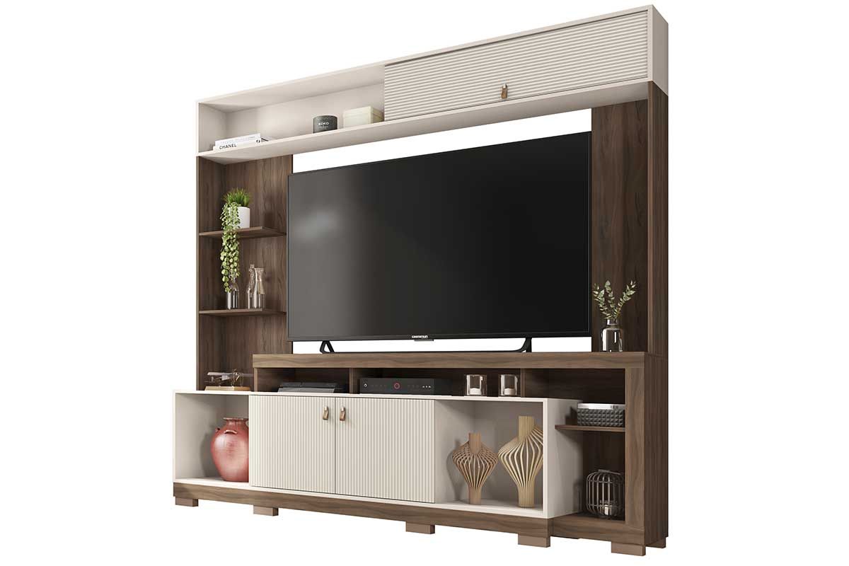 Home p/ TV até 65 Pol Sinfonia c/3 Portas e 7 Nichos 200x203cm CaemmunNogueira/Off White Mr