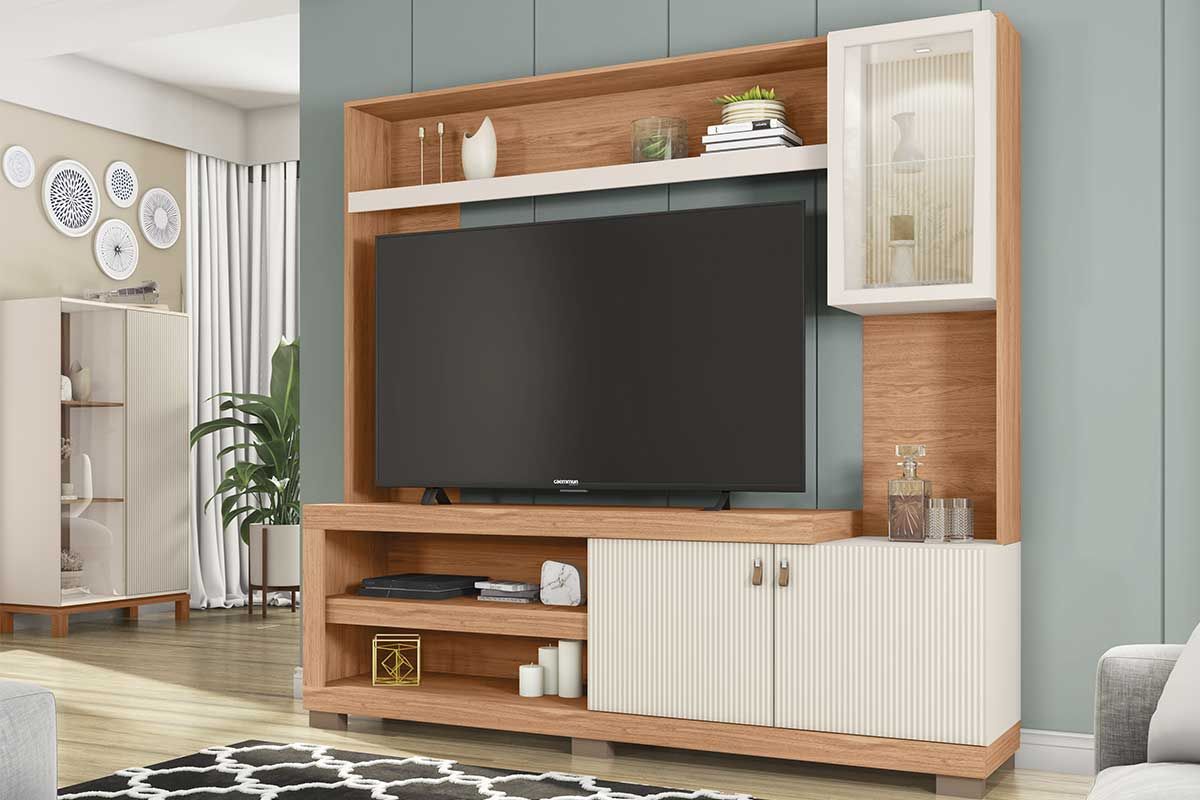 Home p/ TV até 55 Pol Lume c/Led e 3 Portas (1 c/Vidro) 190x186cm CaemmunFreijo/Off White Mr