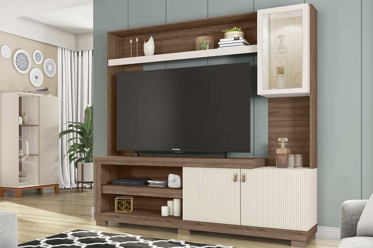 Home p/ TV até 55 Pol Lume c/Led e 3 Portas (1 c/Vidro) 190x186cm CaemmunNogueira/Off White Mr