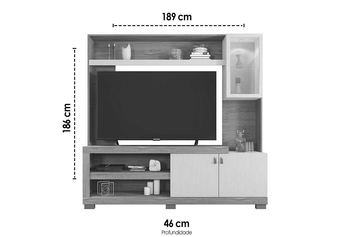 Home p/ TV até 55 Pol Lume c/Led e 3 Portas (1 c/Vidro) 190x186cm Caemmun