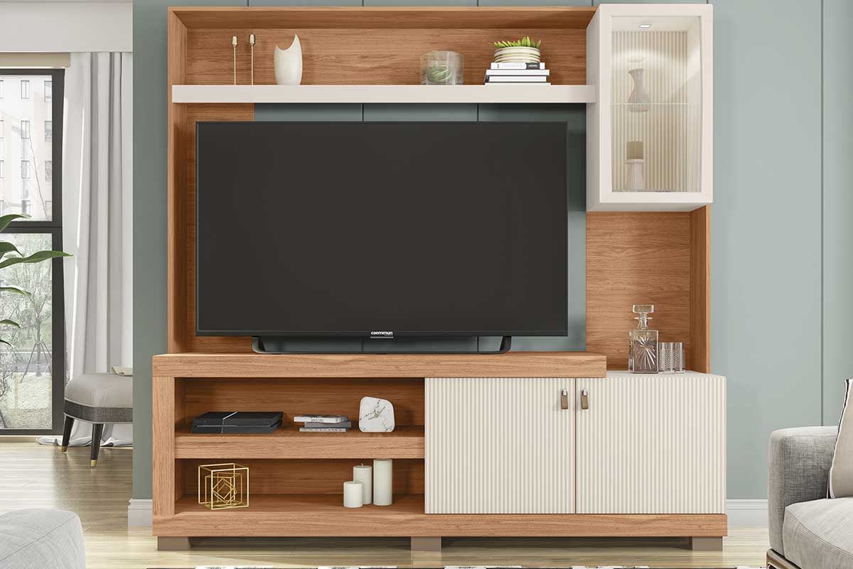 Home p/ TV até 55 Pol Lume c/Led e 3 Portas (1 c/Vidro) 190x186cm Caemmun