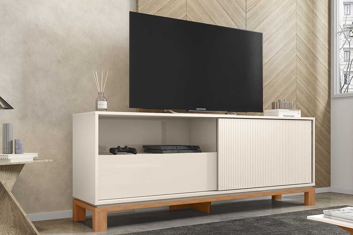 Rack Bancada p/ TV até 55 Pol Mondrian 1.5 c/1 Porta e 1 Gaveta 150cm CaemmunOff White Mr/Freijo