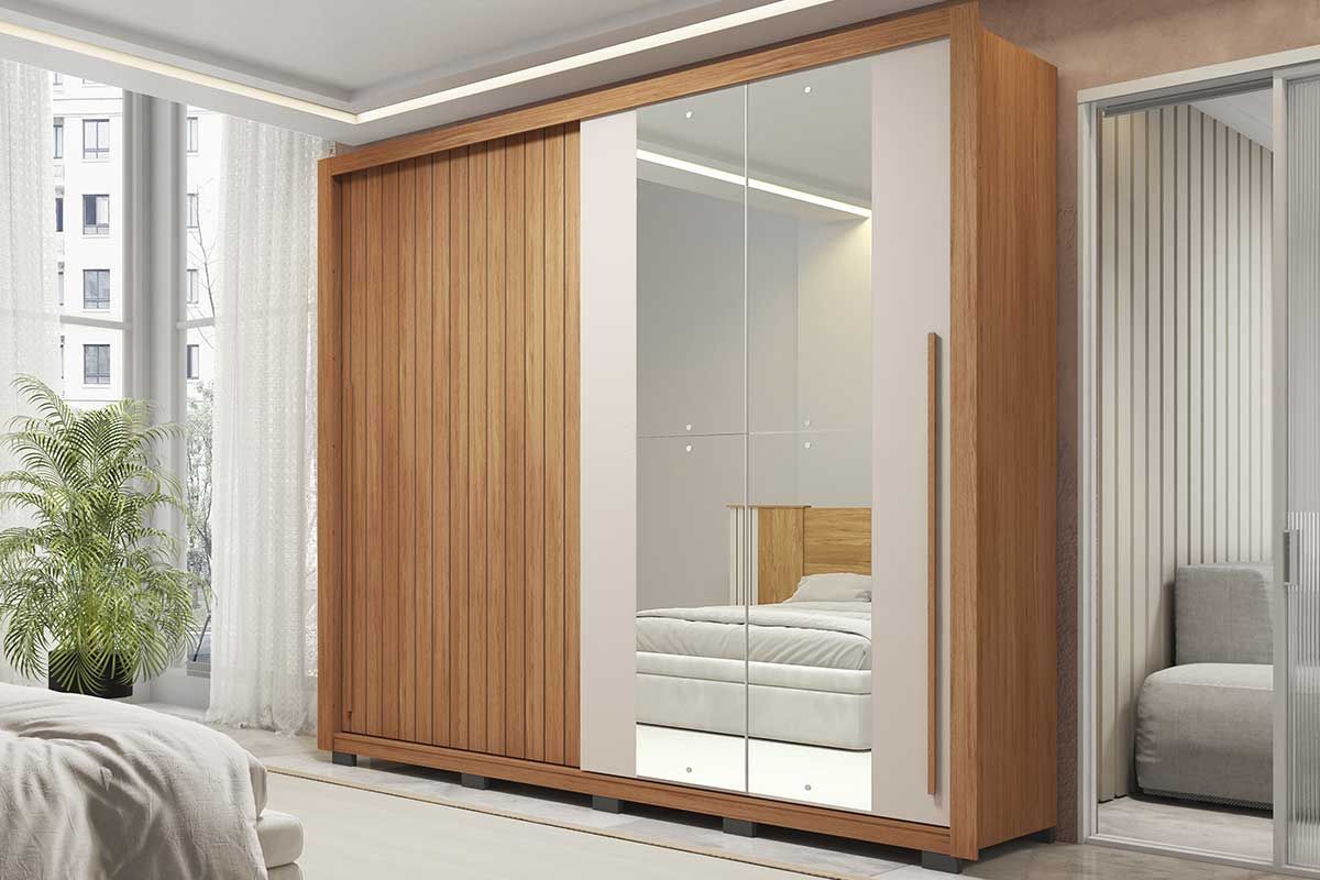 Guarda Roupa Casal 2 Portas de Correr (1 Ripada e 1 c/Espelho) e 4 Gavetas Romanus Double Lux CaemmunFreijo/Off White