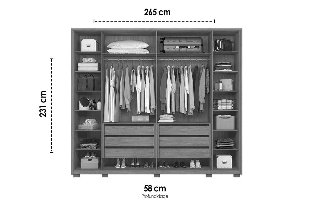 Guarda Roupa Casal 6 Portas (2 Ripadas) e 6 Gavetas Poseidon Caemmun