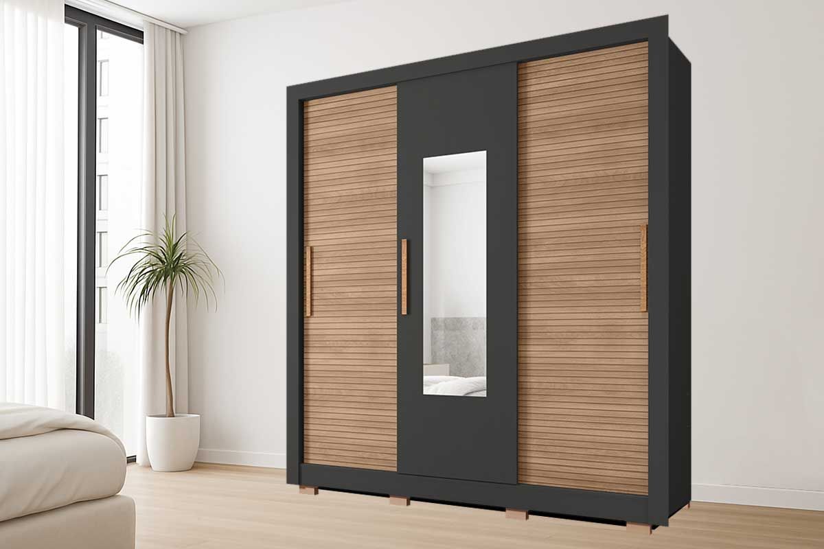 Guarda Roupa Casal 3 Portas de Correr (1 c/Espelho) e 2 Gavetas Chile Caemmun