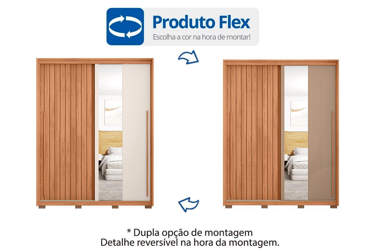 Guarda Roupa Solteiro 2 Portas de Correr (1 Ripada e 1 c/Espelho) e 3 Gavetas Moviment 1.8 Lux Caemmun