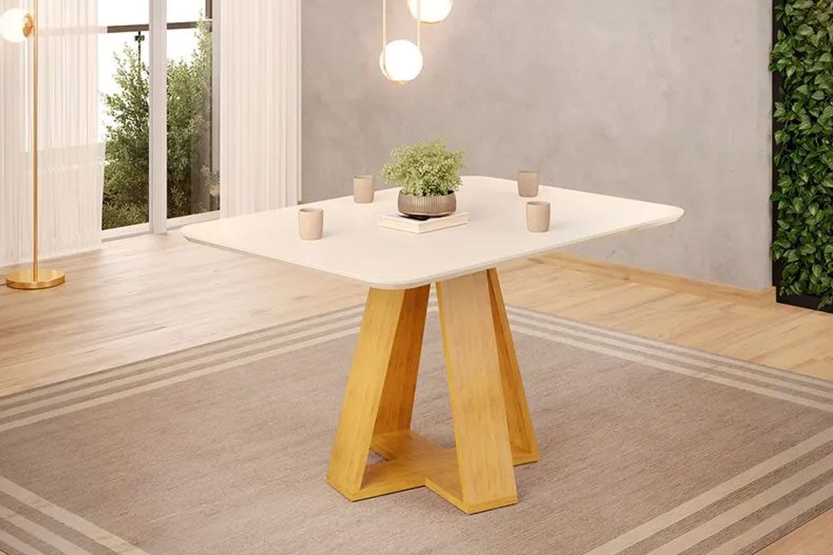 Mesa Jantar Kiara c/ Tampo Madeirado c/ Vidro Curvo 120x90cm - DJ MóveisCedro/Off White