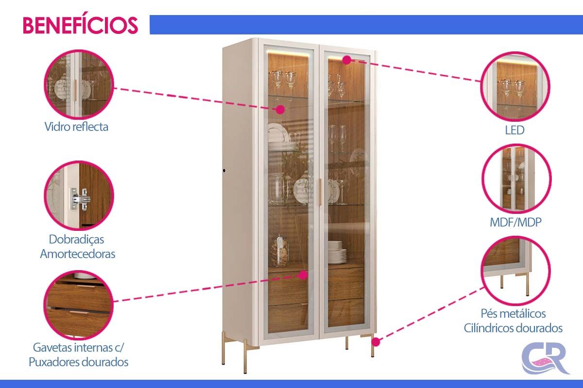 Cristaleira Sala Jantar Olivia c/2 Portas 80cm DJ Móveis Cristaleira Sala Jantar Olivia c/2 Portas 80cm DJ Móveis