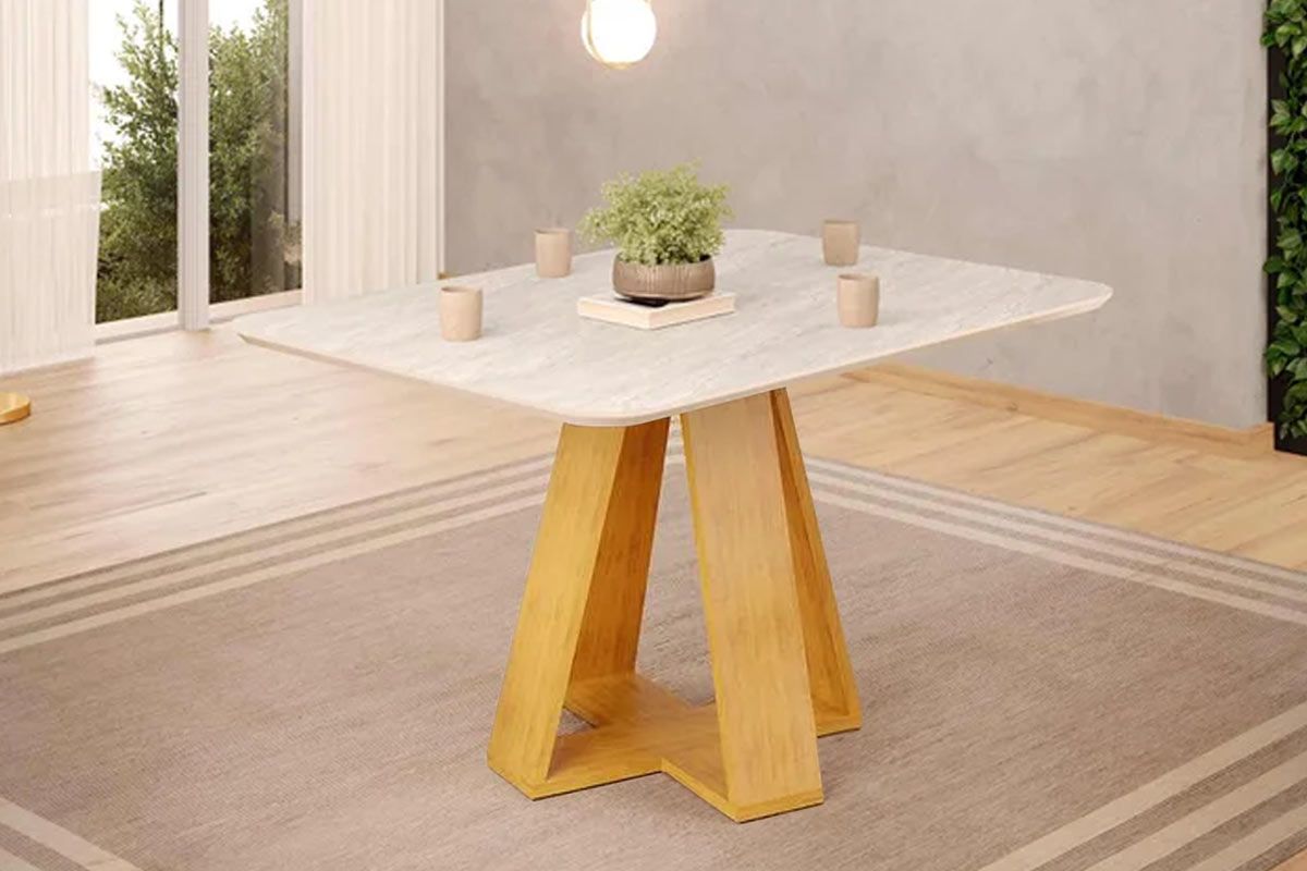 Mesa Jantar Kiara c/Tampo Madeirado c/Vidro Curvo 120x90cm DJ MóveisCedro/Quartzo