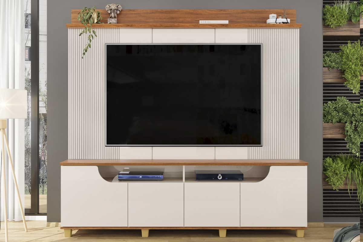 Home p/ TV até 75 Pol Gama c/4 Porta 199x188cm DJ MóveisOff White/Freijó