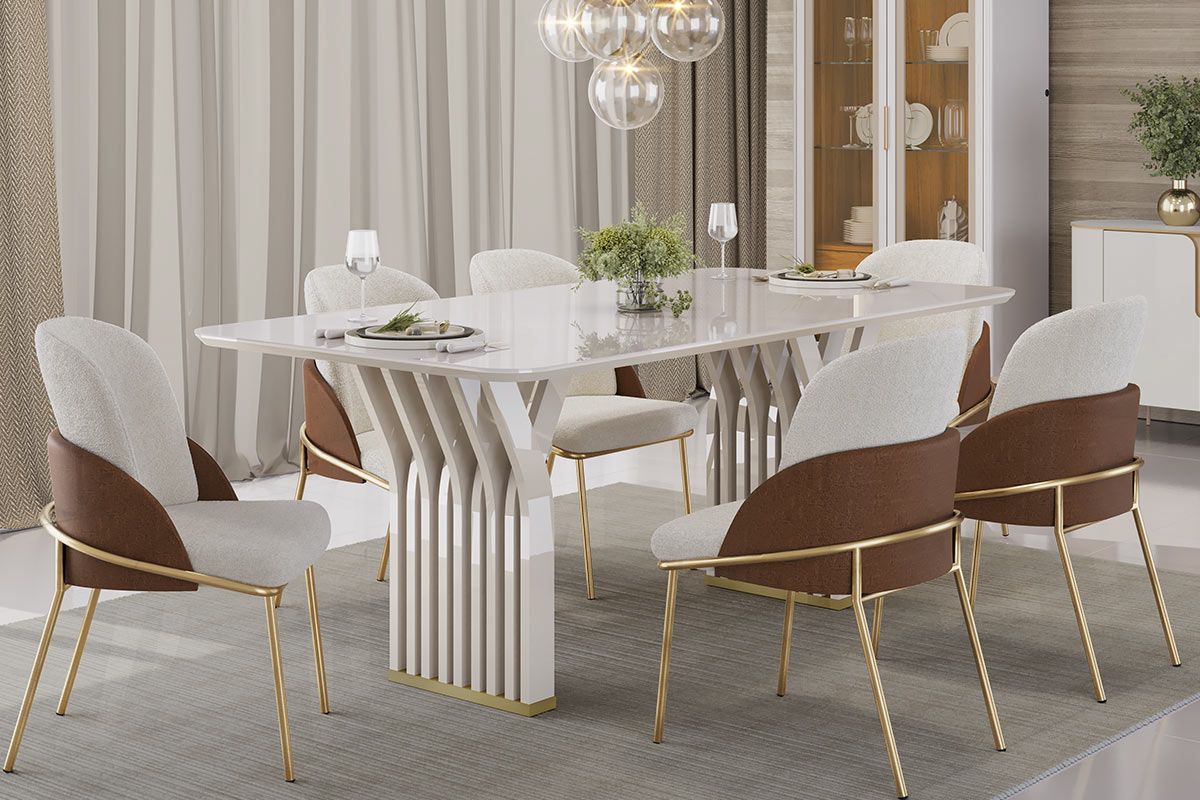 Mesa Jantar Yara c/Tampo Madeirado c/Vidro Curvo 170x90cm DJ Móveis