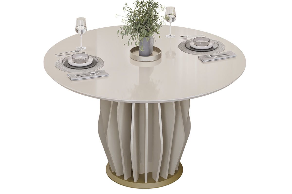 Mesa Jantar Tokyo c/Tampo Madeirado c/Vidro Redondo 136x136cm DJ MóveisOff White/Off White