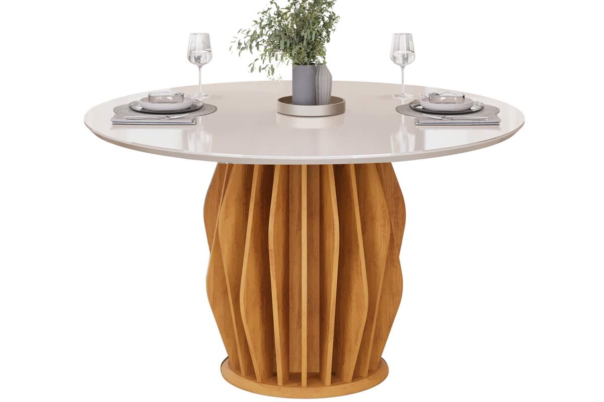 Mesa Jantar Tokyo c/Tampo Madeirado c/Vidro Redondo 136x136cm DJ MóveisCedro/Off White