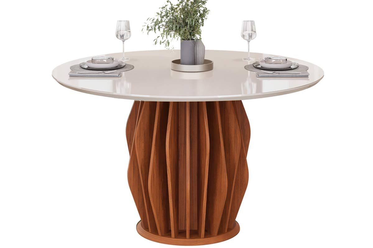 Mesa Jantar Tokyo c/Tampo Madeirado c/Vidro Redondo 136x136cm DJ MóveisFreijo/Off White