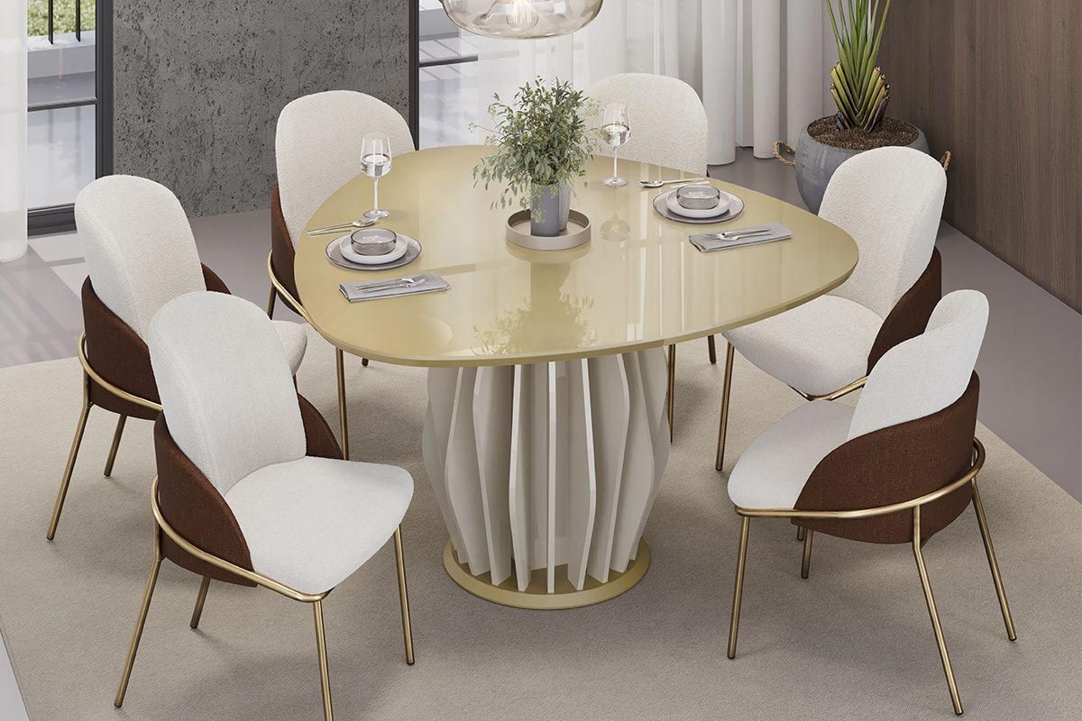 Mesa Jantar Tokyo Tampo Vid Orgânico 136cm DJ MóveisOff White/Dourado Mesa Jantar Tokyo Tampo Vid Orgânico 136cm DJ MóveisOff White/Dourado