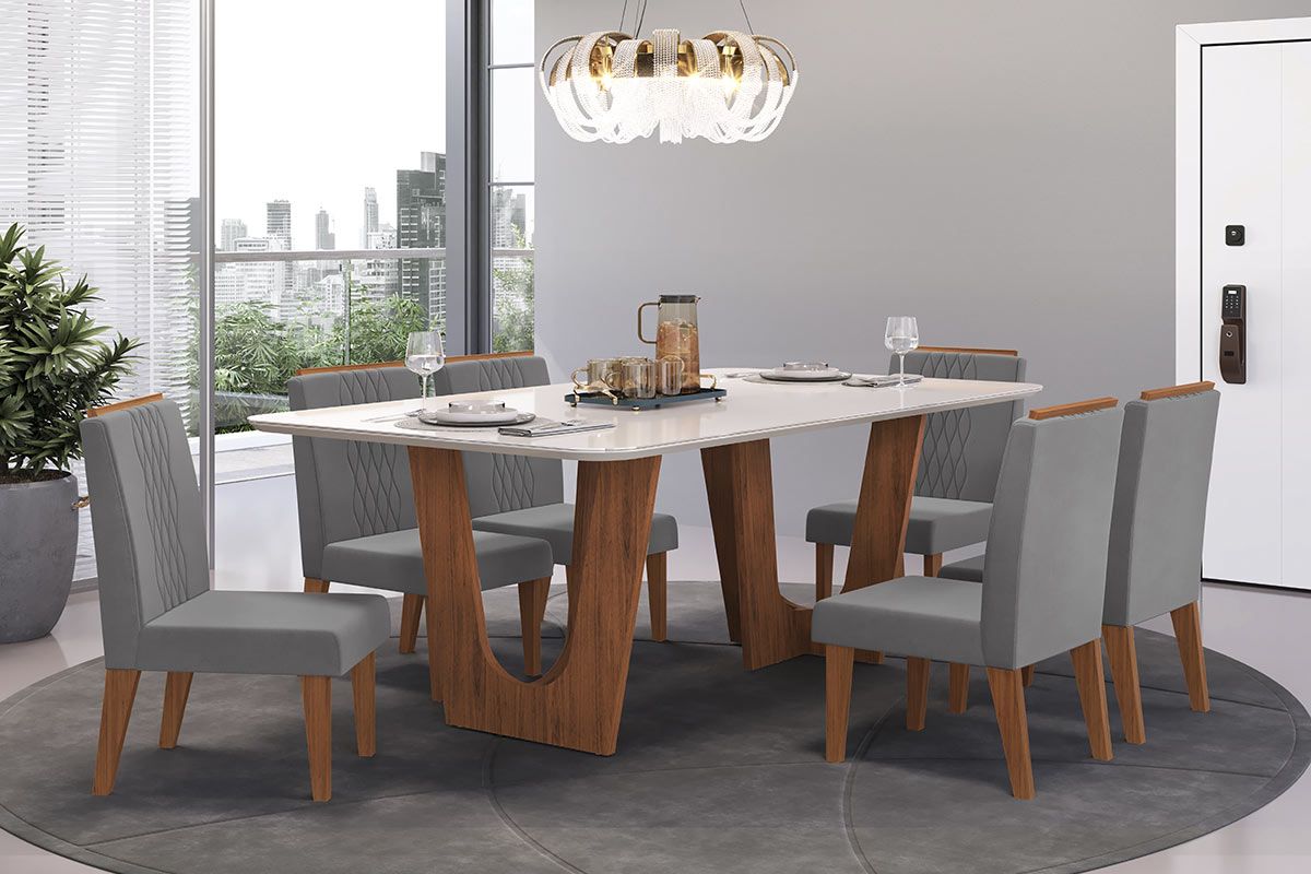Mesa Jantar Nala c/Tampo Madeirado c/Vidro Curvo 170x90cm DJ Móveis