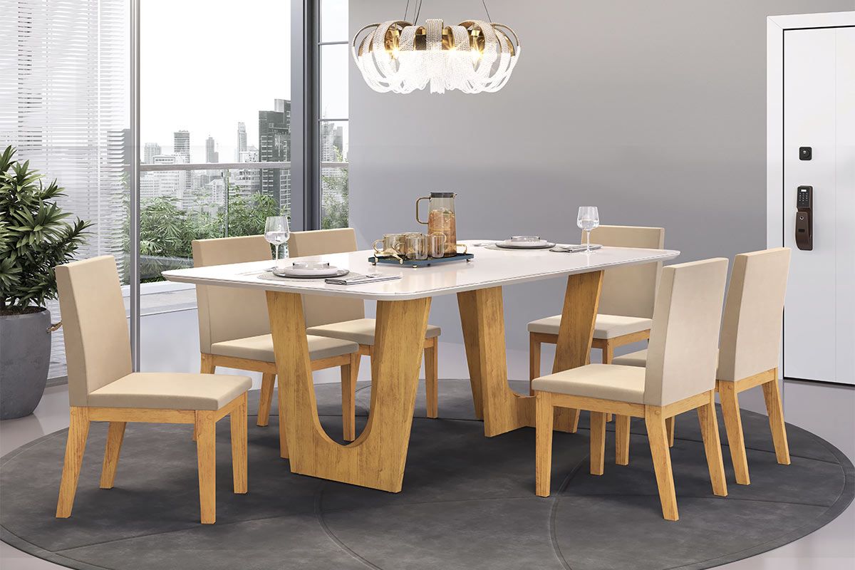 Mesa Jantar Nala c/Tampo Madeirado c/Vidro Curvo 170x90cm DJ Móveis