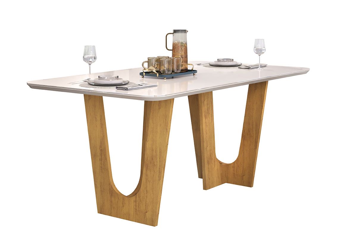 Mesa Jantar Nala c/Tampo Madeirado c/Vidro Curvo 170x90cm DJ MóveisCedro/Off White