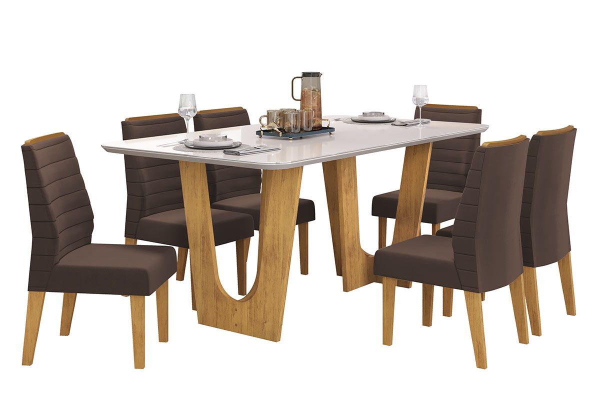 Mesa Jantar Nala c/Tampo Madeirado c/Vidro Curvo 170x90cm DJ Móveis