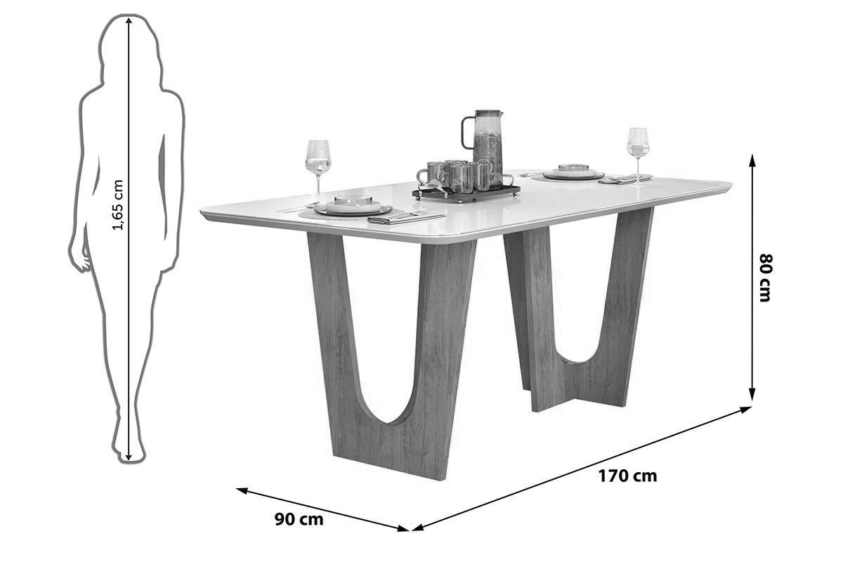 Mesa Jantar Nala c/Tampo Madeirado c/Vidro Curvo 170x90cm DJ Móveis
