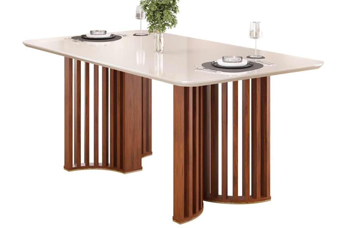Mesa Jantar Luma c/Tampo Madeirado c/Vidro Curvo 180x100cm DJ MóveisFreijo/Off White