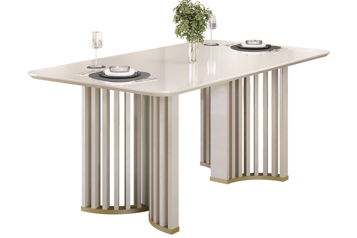 Mesa Jantar Luma c/Tampo Madeirado c/Vidro Curvo 170x90cm DJ MóveisOff White/Off White