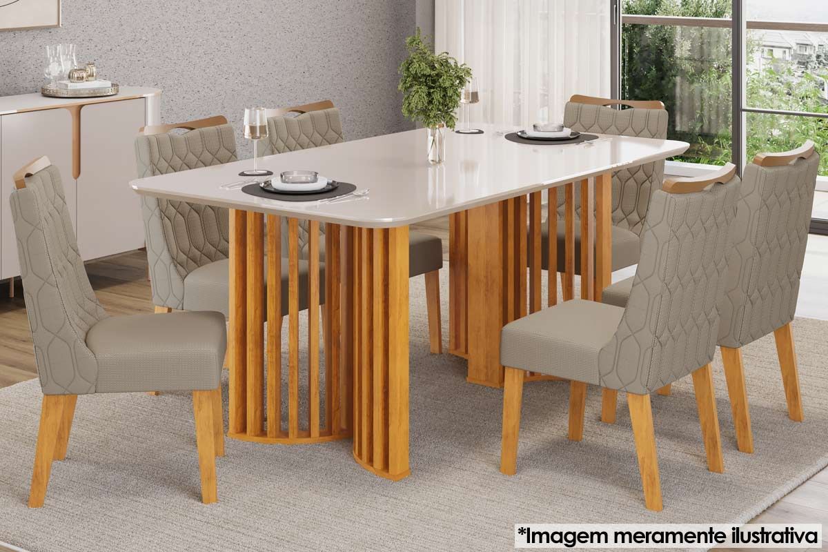 Mesa Jantar Luma c/Tampo Madeirado c/Vidro Curvo 170x90cm DJ Móveis