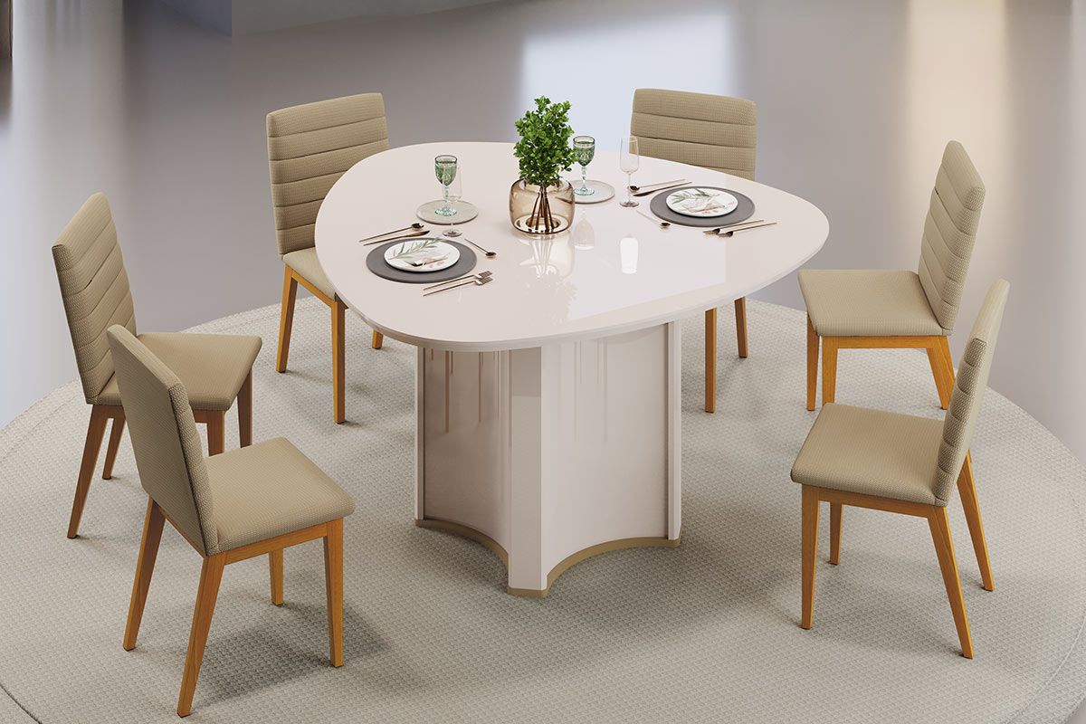 Mesa Jantar Chanel c/Tampo MDF/Vidro Orgânico 136cm DJ Móveis